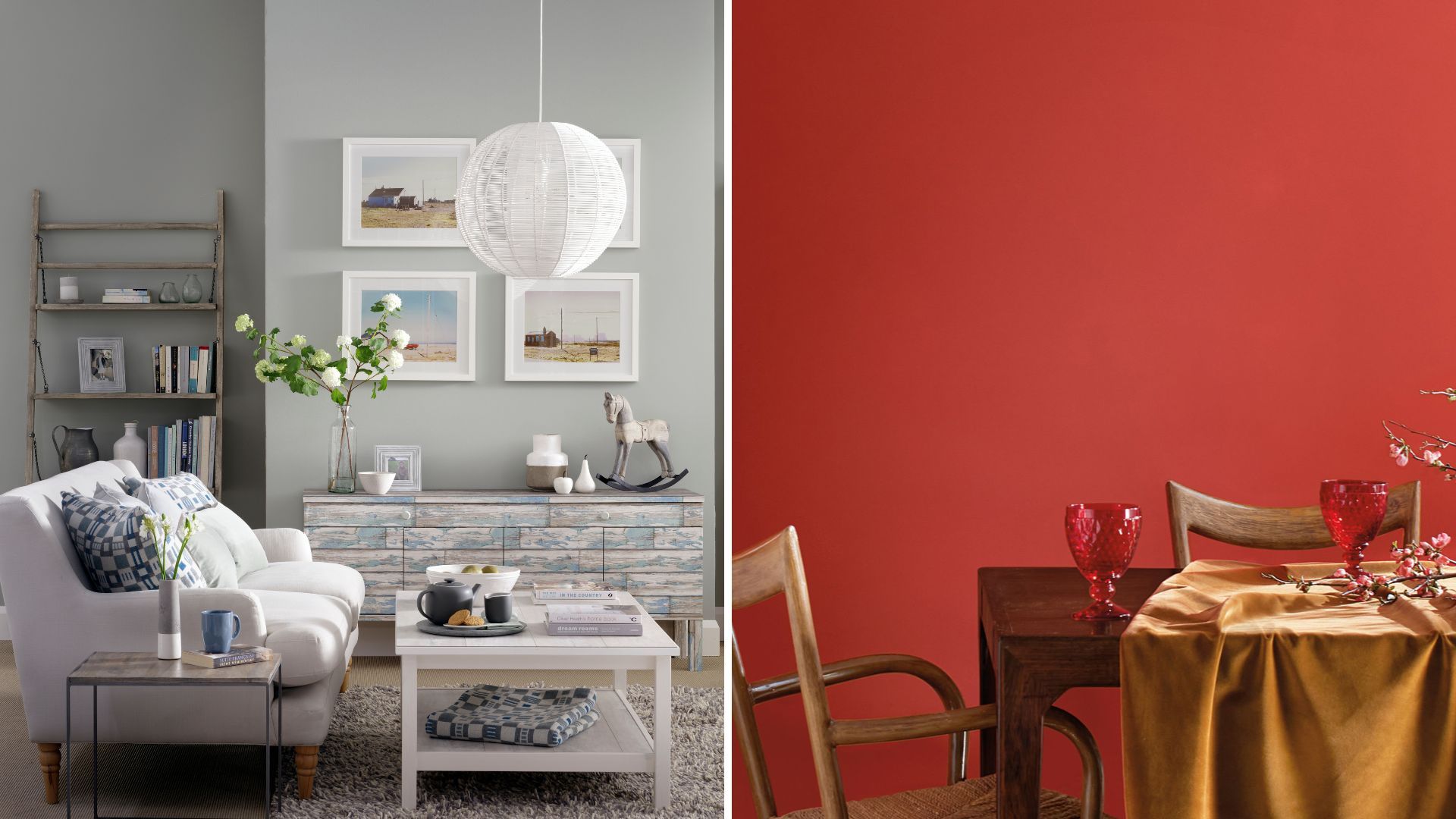 grey living room next to a raspberry red dining room to show the difference in color trends in 2023 to highlight how grey is now an outdated interior design trend in 2023