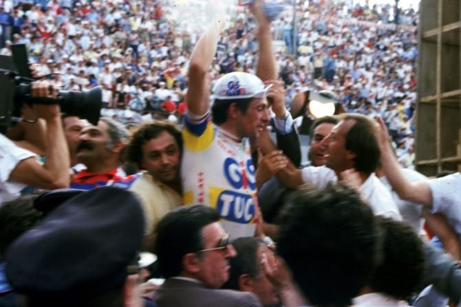Moser celebrates after the 1984 Giro d'Italia in the Verona arena
