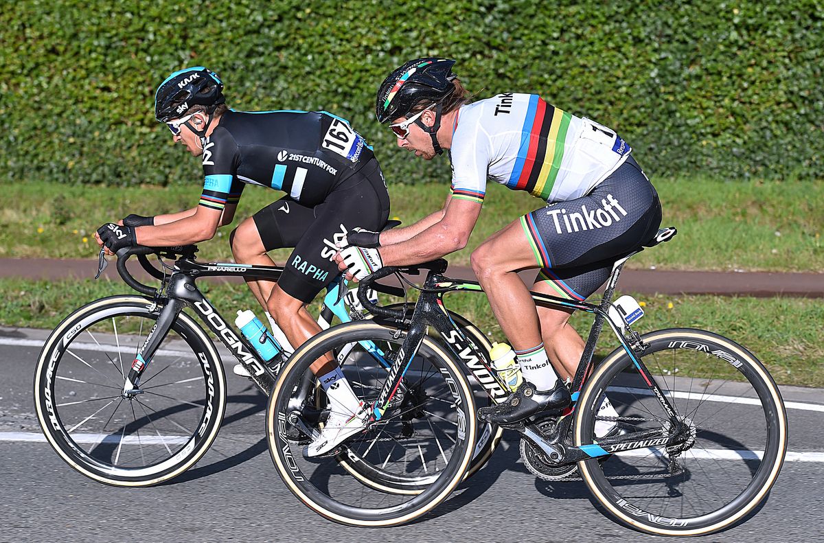 Michal Kwiatkowski leads Peter Sagan in the closing stages