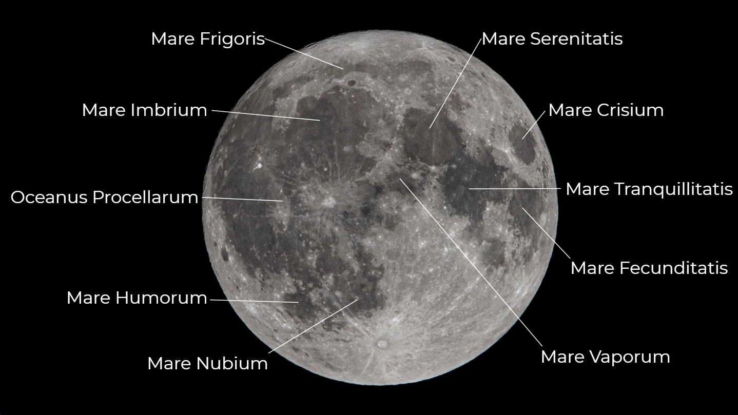 An image of the full moon against a black sky, with the locations of a number of the prominent lunar seas, or mare, labelled.