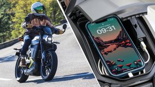 A person riding a Can-Am electric motorbike on a road, next to an iPhone being charged in the bike&#039;s storage