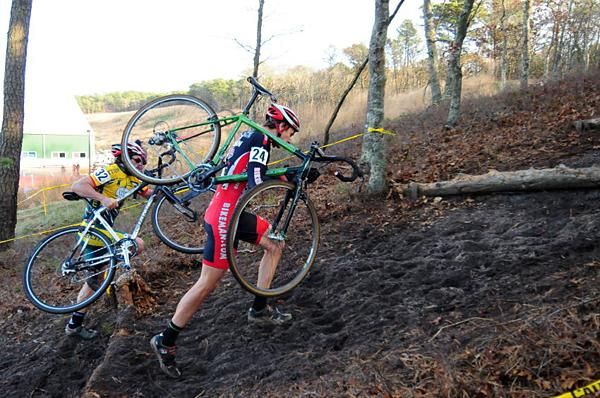 Riders tackle the long stairs section.