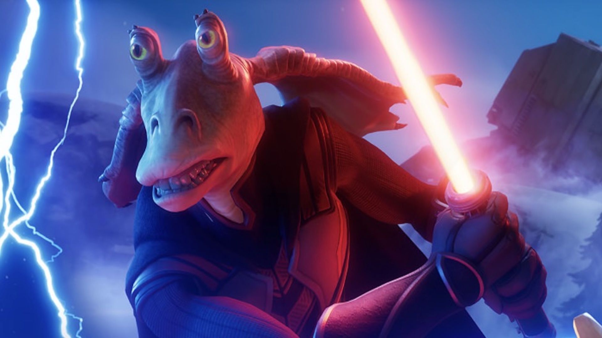 Darth Jar Jar holds a red lightsaber as lightning crackles around him
