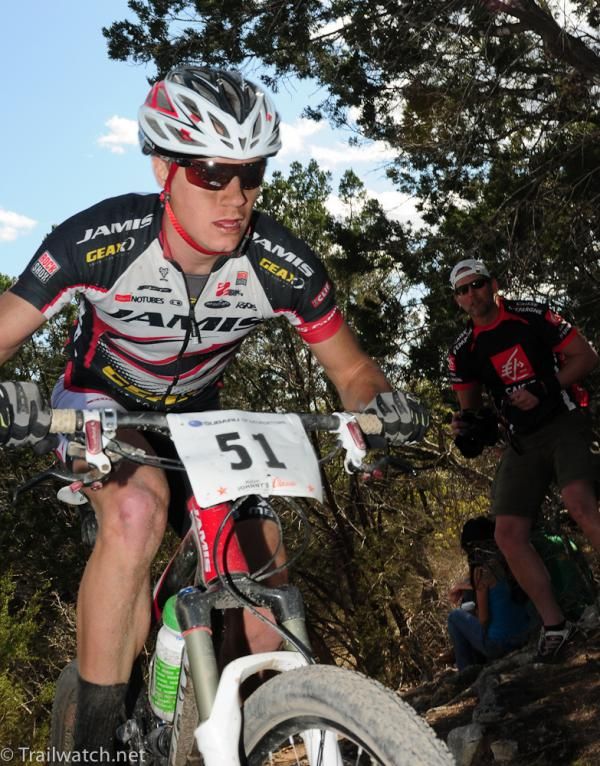Blake Harlan (Team Jamis) rides some shady singletrack