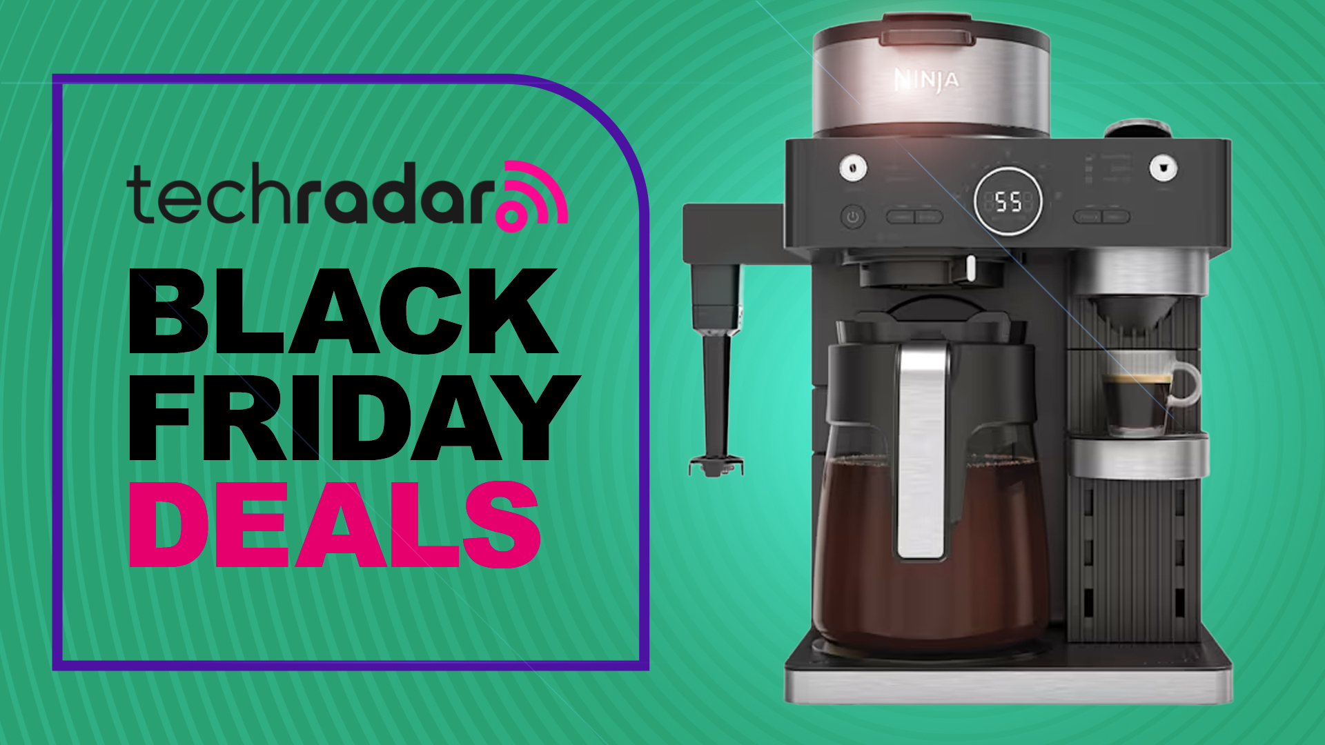 Ninja coffee machine on green background with text &#039;TechRadar Black Friday Deals&#039;