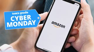 Man with phone using Amazon app with Cyber Monday tag on photo
