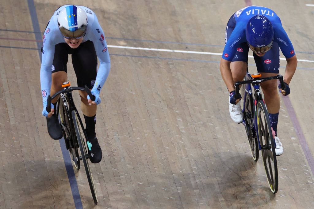 Belgiums Lotte Kopecky L cycles ahead of Italys Rachele Barbieri R to win the Womens Elimination finals during the UCI Track Cycling World Championships at the Velodrome of SaintQuentinenYvelines southwest of Paris on October 13 2022 Photo by Thomas SAMSON AFP Photo by THOMAS SAMSONAFP via Getty Images