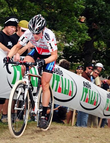 Katie Compton (Planet Bike) on the steep climb.