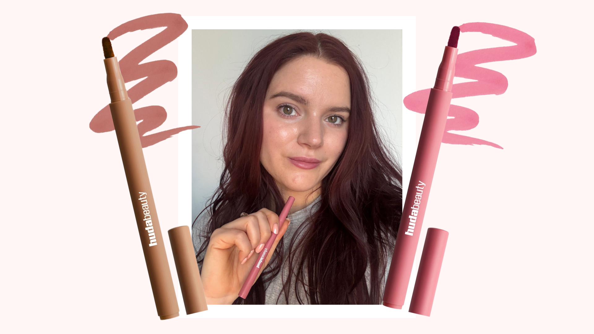 Brooke knappenberger marie claire associate commerce editor testing huda beauty lip contour stain with swatches on light pink background