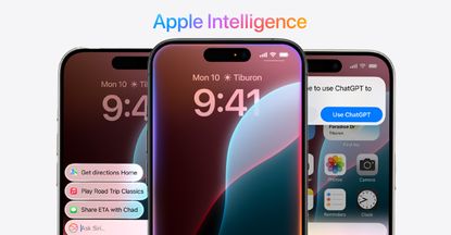Three iPhones running Apple Intelligence on a beige background
