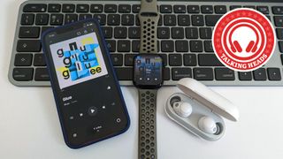 Apple Watch, Amazon Music on an iPhone 12, and Sony WF-C700N wireless earbuds
