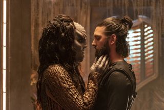 L'Rell (Mary Chieffo) talks to her former lover, Voq (now transformed into the human-looking Ash Tyler, played by Shazad Latif) in the "Star Trek: Discovery" episode "Point of Light." (They both have more hair than last season — it's the new Klingon style, evidently.)