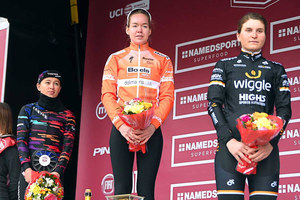 Katarzyna Niewiadoma, Anna van der Breggen and Elisa Longo Borghini on the 2018 Strade Bianche podium