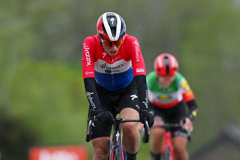 HUY BELGIUM APRIL 17 Demi Vollering of The Netherlands and Team SD Worx Protime crosses the finish line the 27th La Fleche Wallonne Feminine 2024 a 146km one day race from Huy to Huy UCIWWT on April 17 2024 in Huy Belgium Photo by Luc ClaessenGetty Images