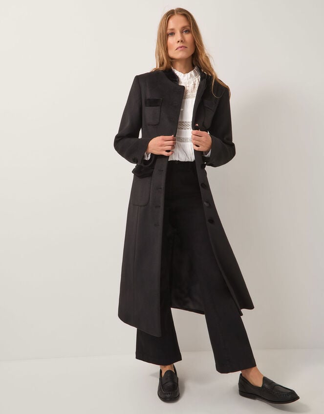 Viv Velvet Trim Military Coat Black