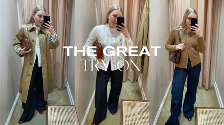 woman tries on Sezane clothes in mirror