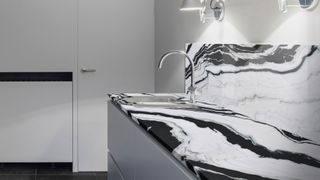 panda marble kitchen worktop and splashback in white kitchen