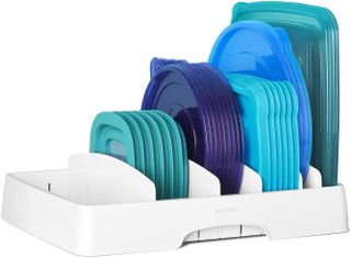 White plastic food container lid organizer