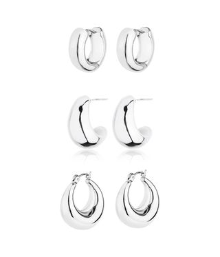 Gold Chunky Hoop Earrings Set for Women, 14k Gold Plated Twisted Huggie Hoop Earring Hypoallergenic, Thick Open Hoops Set Lightweight (3 Silver Hoop Chunky)