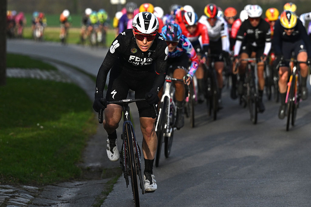 NIVONE, BELGIUM - FEBRUARY 28: Elise Chabbey of Switzerland and Team FDJ United - SUEZ competes during the 21st Omloop Het Nieuwsblad 2026, Women's Elite a 137.2km one day race from Ghent to Ninove / #UCIWWT / on February 28, 2026 in Ninove, Belgium. (Photo by Luc Claessen/Getty Images)