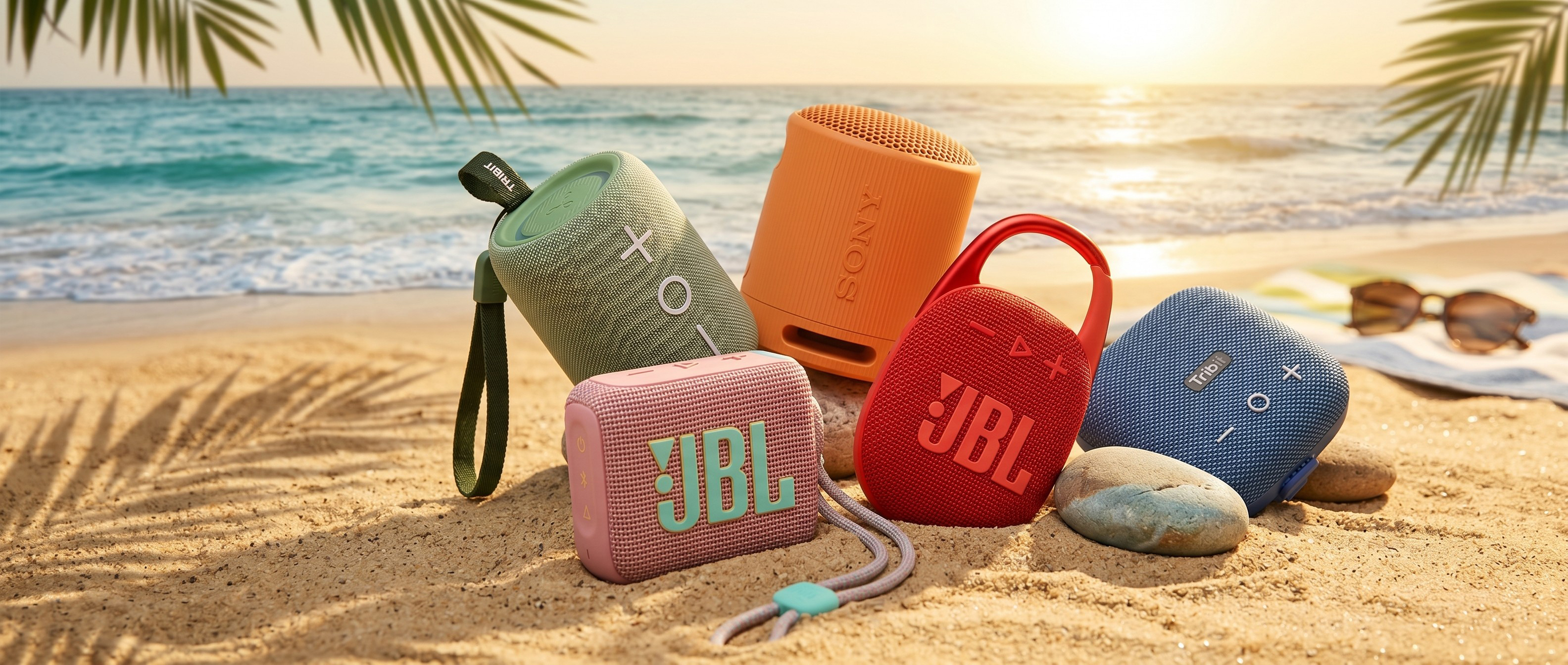 Selection of Bluetooth speakers on a beach