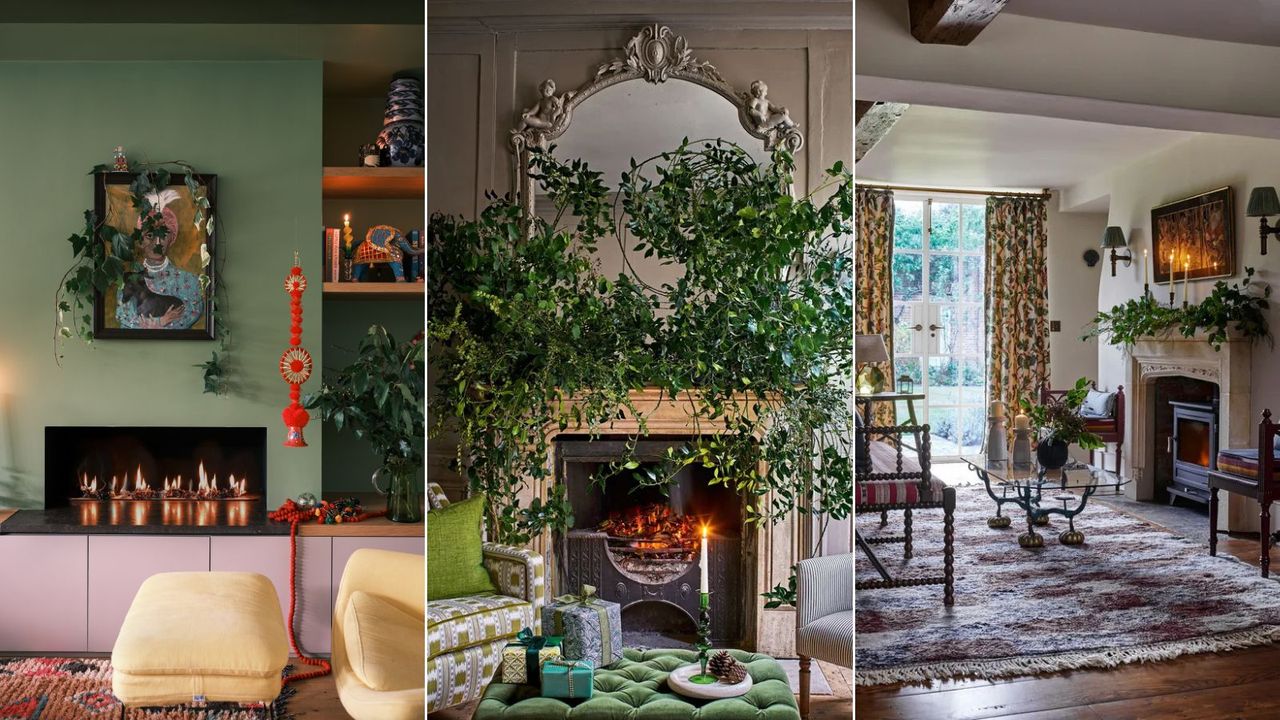 Three rooms with fireplaces decorated for the holidays