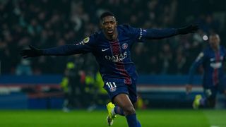 Ousmane Dembele of Paris Saint-Germain F.C. celebrates after scoring during the Ligue 1 McDonald's regular season match between the Paris Saint Germain (PSG) and the Olympique de Marseille on February 8, 2026 in Parc des Princes, France.