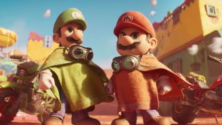 Mario and Luigi posing in the desert in the Super Mario Galaxy Movie trailer.