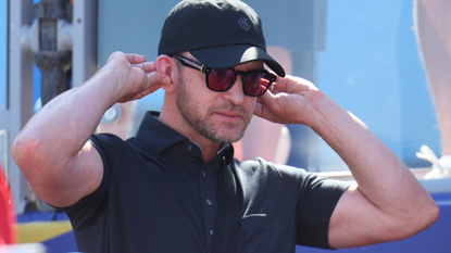 Musician, Justin Timberlake, looks on during the Saturday afternoon fourball matches of the 2023 Ryder Cup at Marco Simone Golf Club on September 30, 2023 in Rome, Italy.