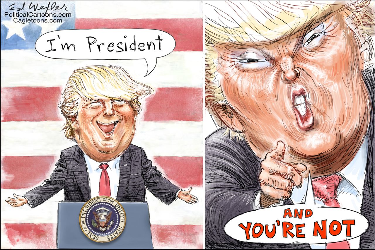 Political cartoon U.S. Trump presidency fake news