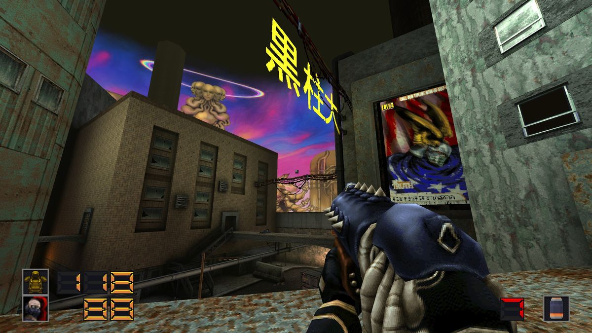 Slave Zero X Quake mod gameplay showing surreal cyberpunk city