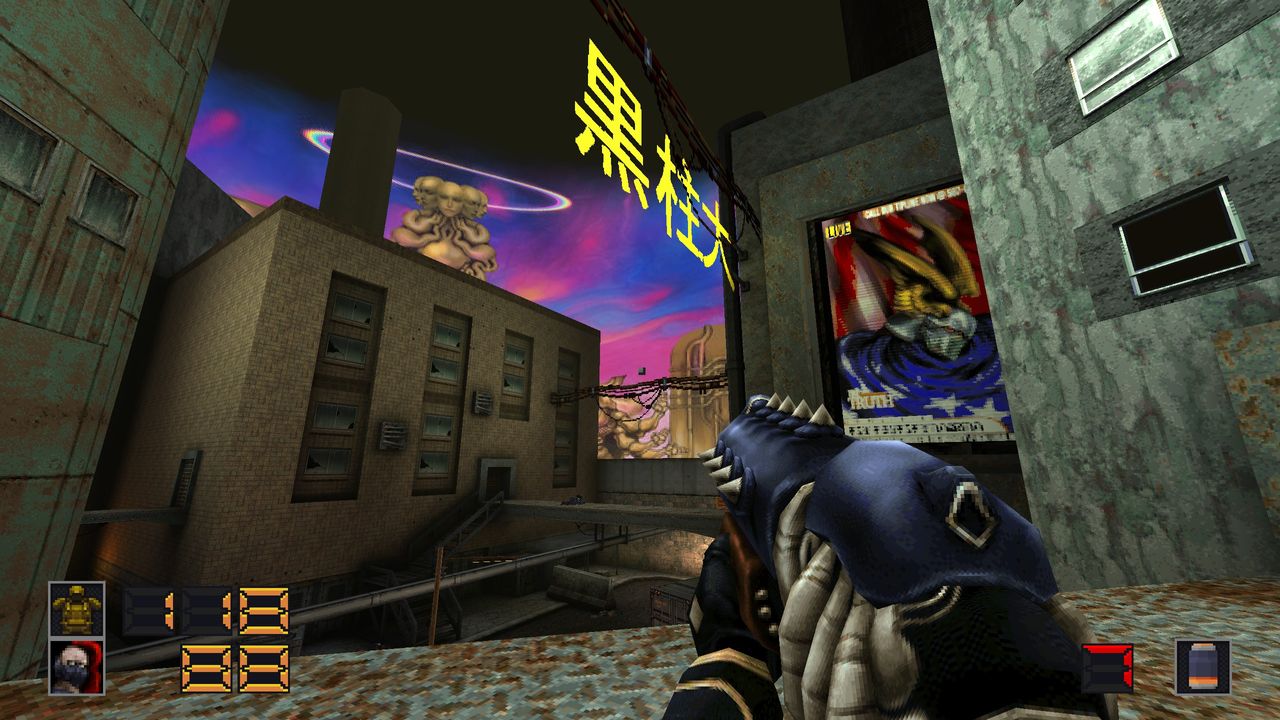 Slave Zero X Quake mod gameplay showing surreal cyberpunk city