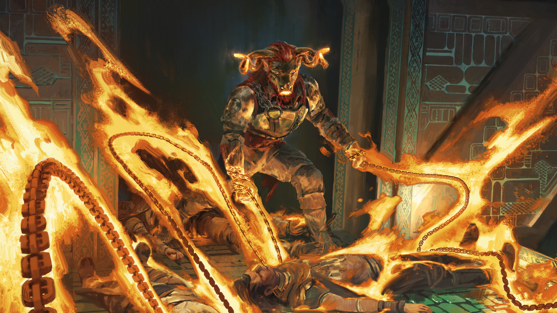 Angrath&#039;s Fury artwork, showing a bull-headed humanoid with flaming chain whips