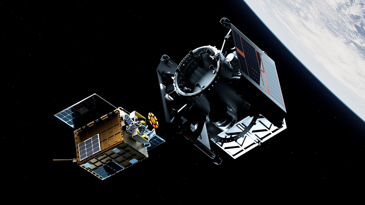 illustration of two satellites approaching each other in earth orbit