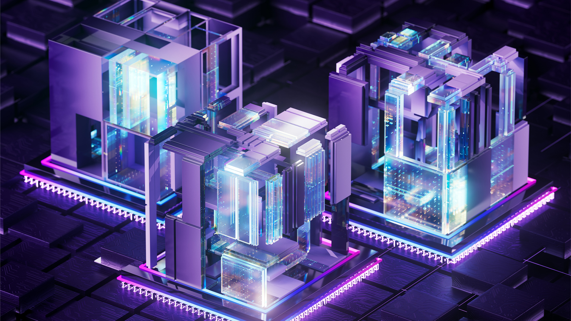 A futuristic visualization of purple data center hubs