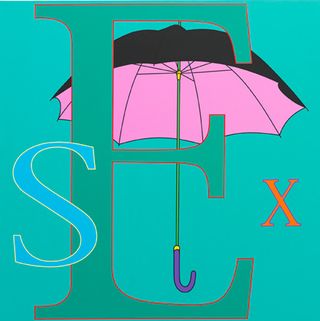Inside the New Art Centre gallery is a new series of paintings by Michael Craig-Martin, including 'SEX'