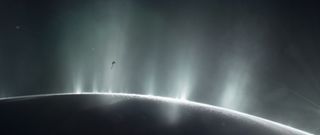 An illustration of the spacecraft Cassini diving through Enceladus' plume in 2015.