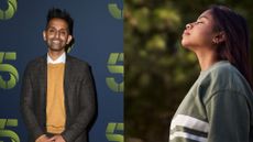 Dr Amir Khan next to woman doing box breathing outside