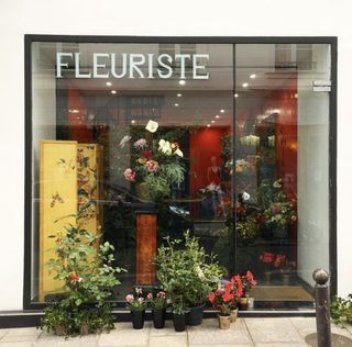 A flower shop features a sign that reads "fleuriste" in white capital characters on the top left-end side of its window, while a number of plants sit in and outside the shop.