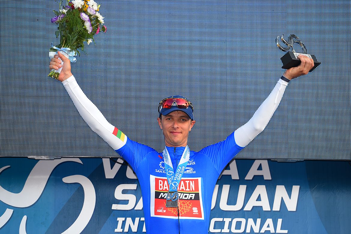 Ramunas Navardauskas celebrates a first win for Bahrain-Merida