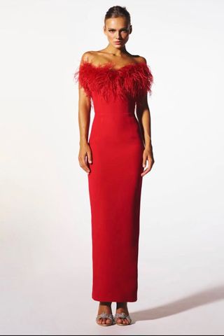 New Arrivals Red Feather Trim Maxi Dress