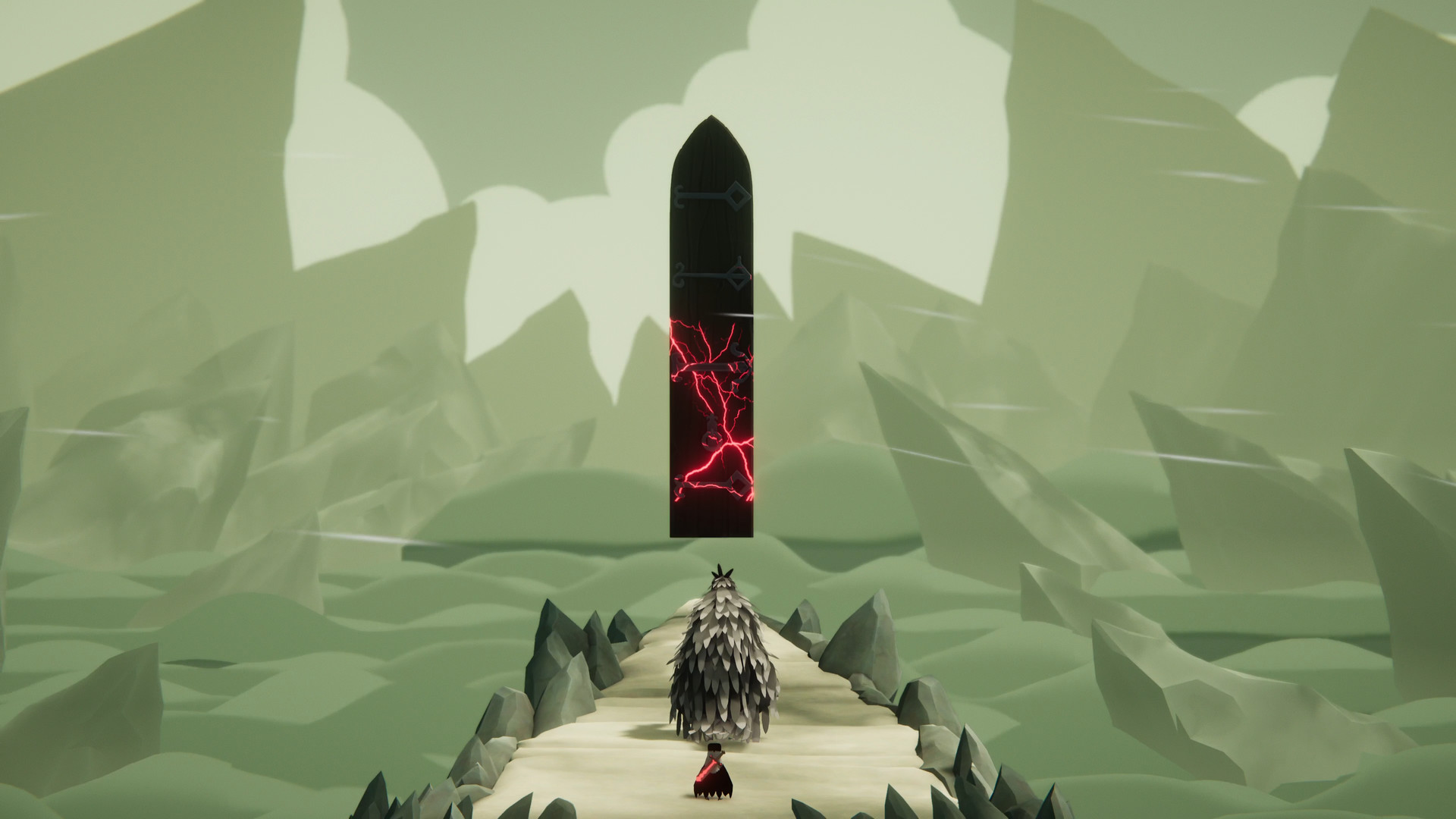 In Death's Door, the crow protagonist stands with a feathered figure before a black doorway