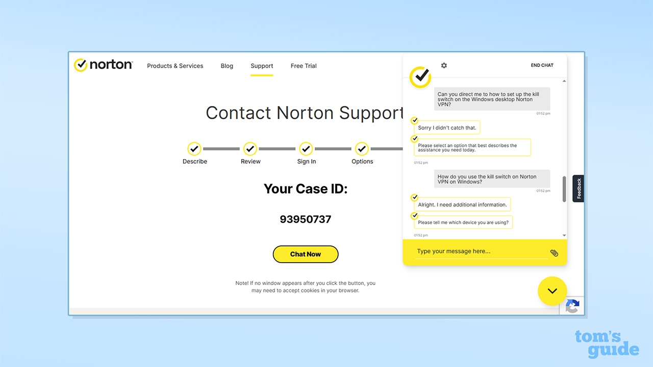 Screenshot of Norton VPN's live chat support