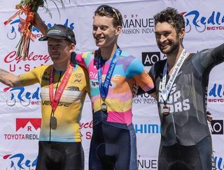 Stage 2 podium (l-r): second place Nick Narraway (Team California), winner Cole Davis (Ribble Rebellion) and third place Stephen Bassett (Denver Disrupters)