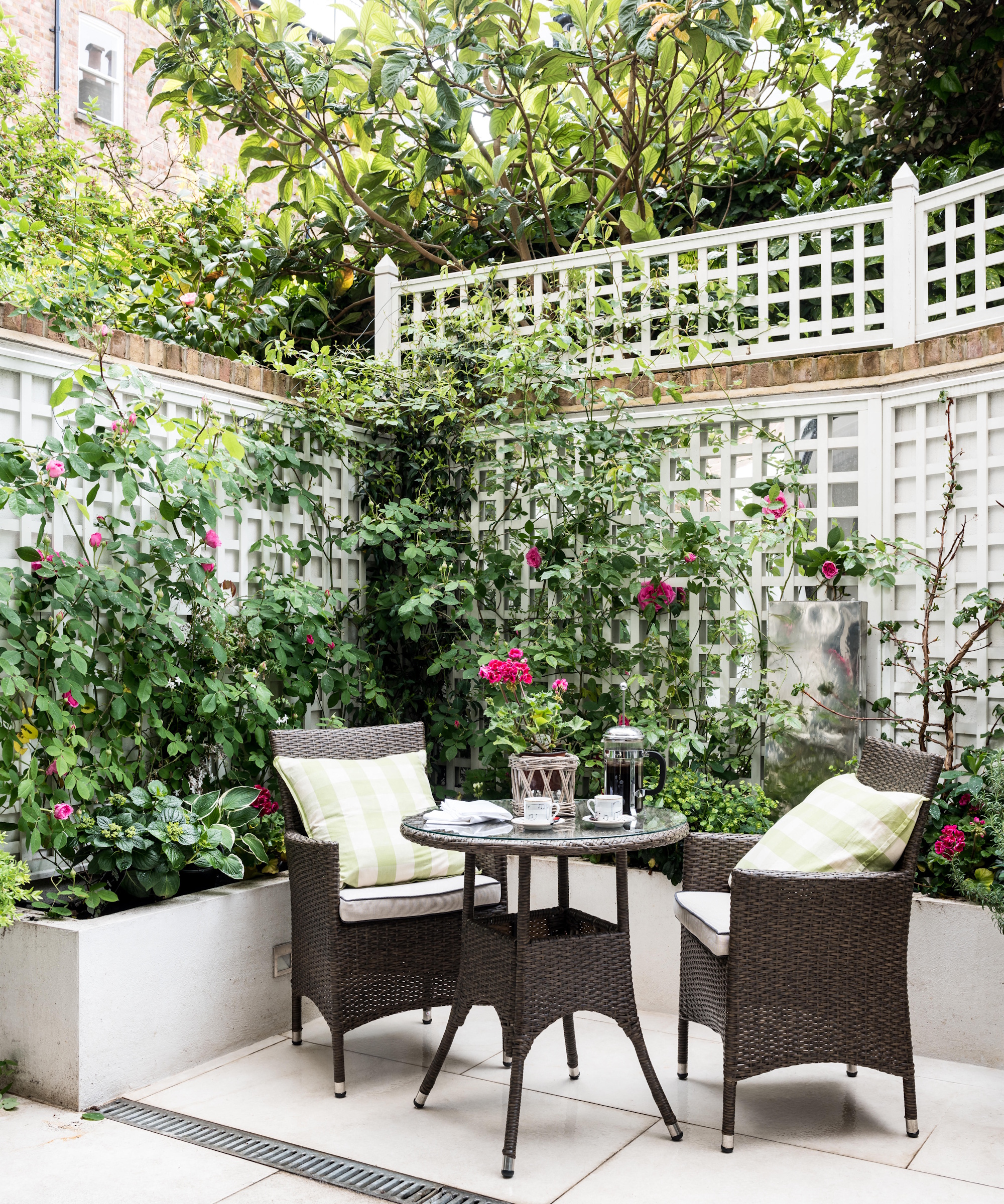 Courtyard garden seating with trellises full of plants