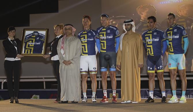 Mattar al Tayer, Deputy Chairman of the Sports Council, Tony Martin, Ryder Hesjedal, Sheikh Mansour bi Mohammed bin Rashid Al Maktoum, Alberto Contador and Vincenzo Nibali during the announcment ceremony of Dubai Tour
