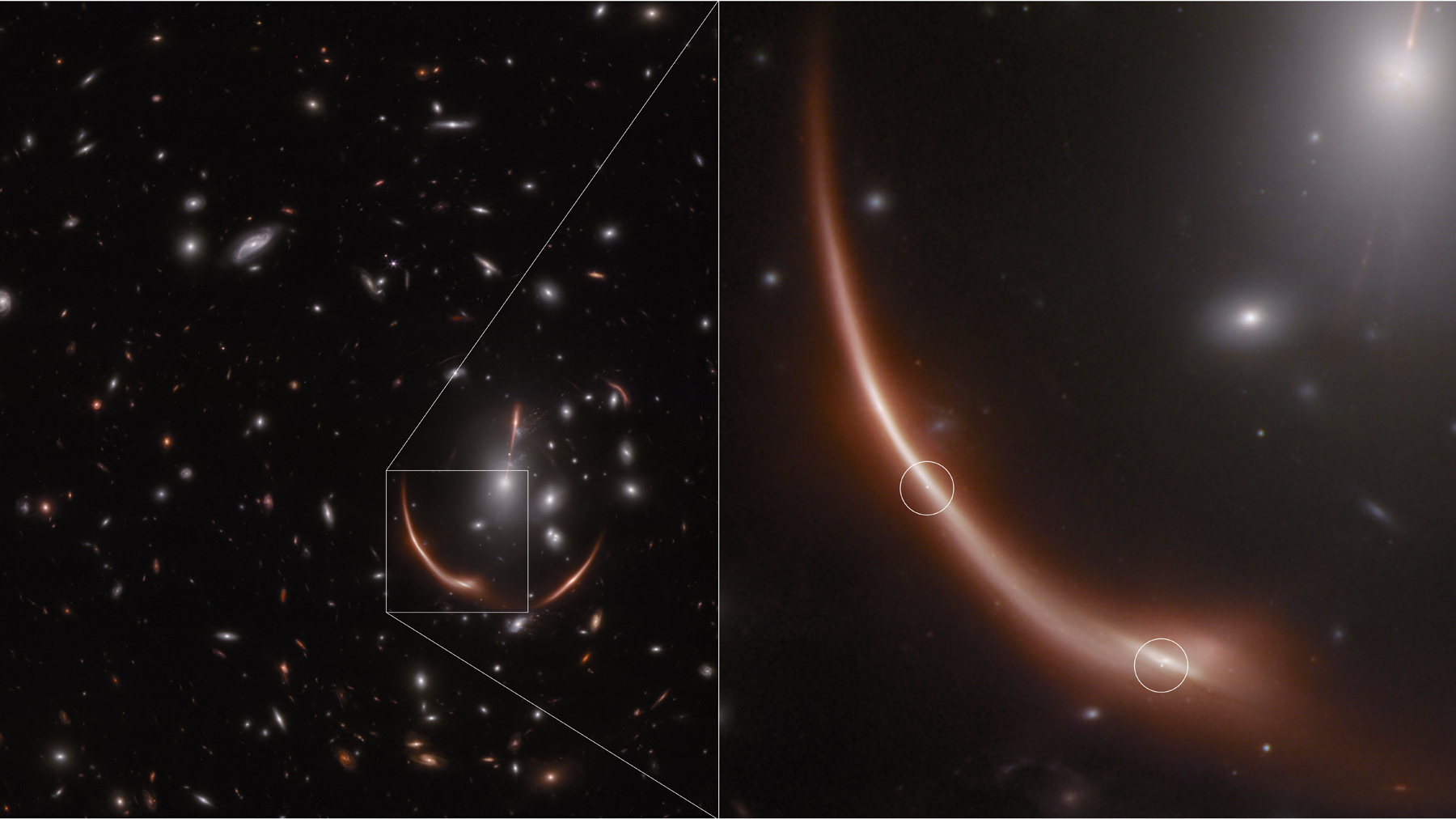 A warped section of space zooms in to show a beam of reddish light with a bright star inside.