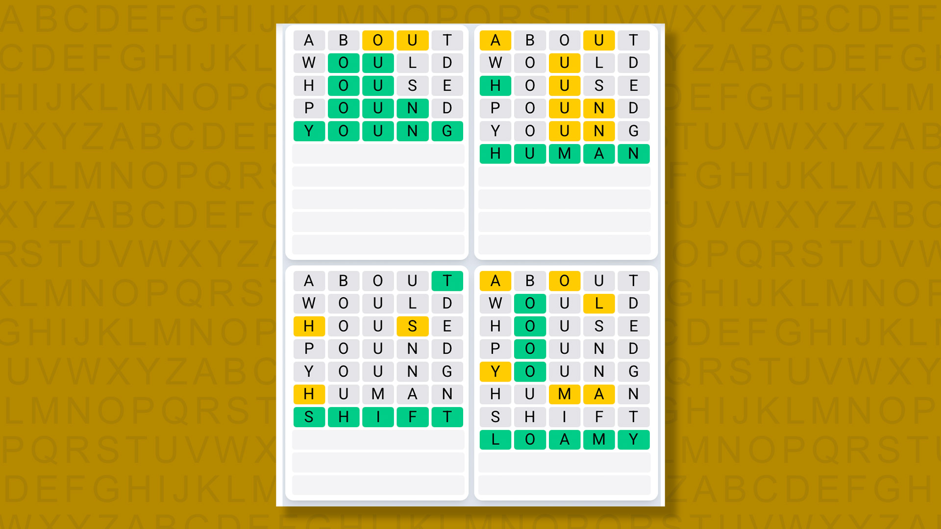 Quordle Daily Sequence answers for game 1609 on a yellow background