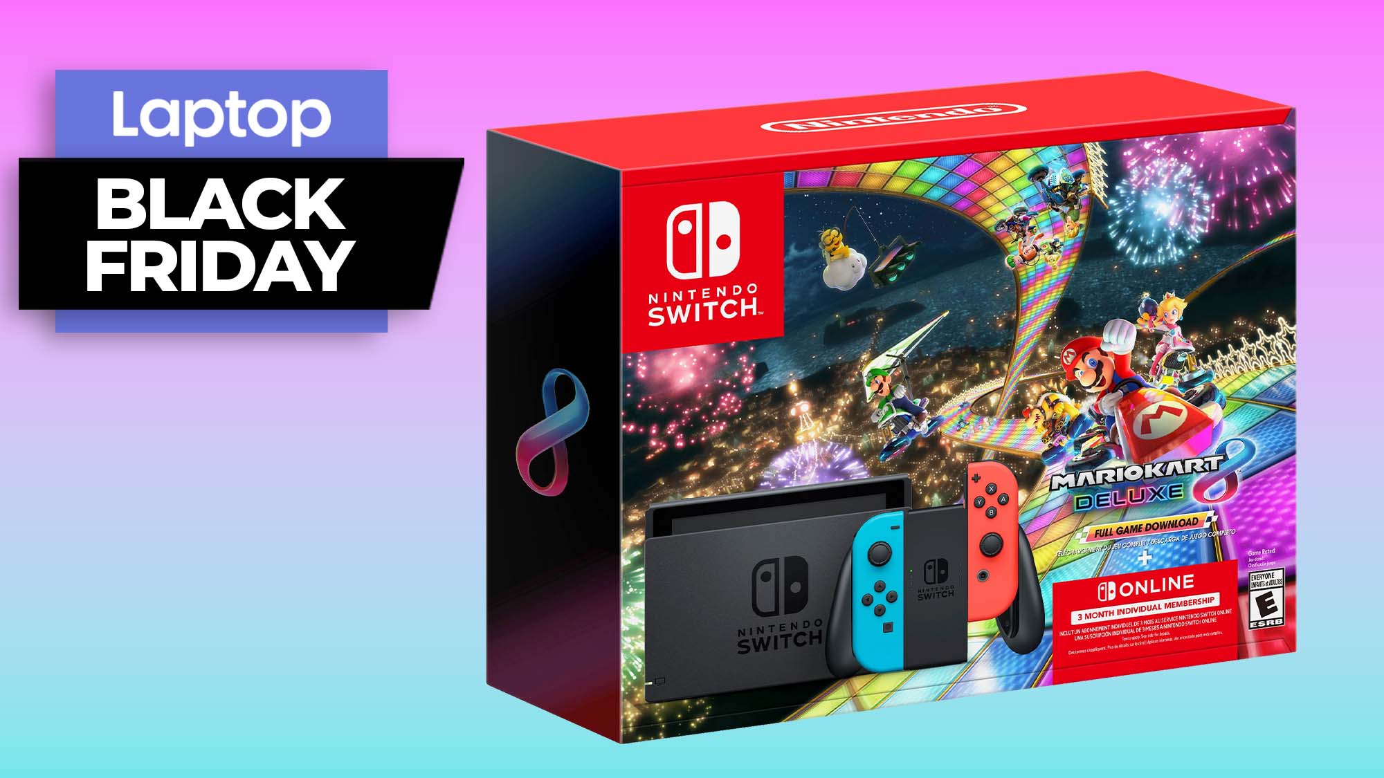 Nintendo Switch Mario Kart 8 Deluxe bundle box on a gradient background with a Black Friday banner in the upper left corner