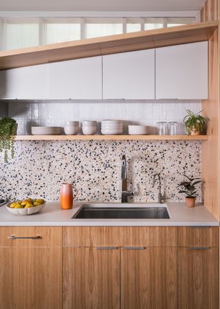 A clean and tidy kitchen space with open shelving above the sink